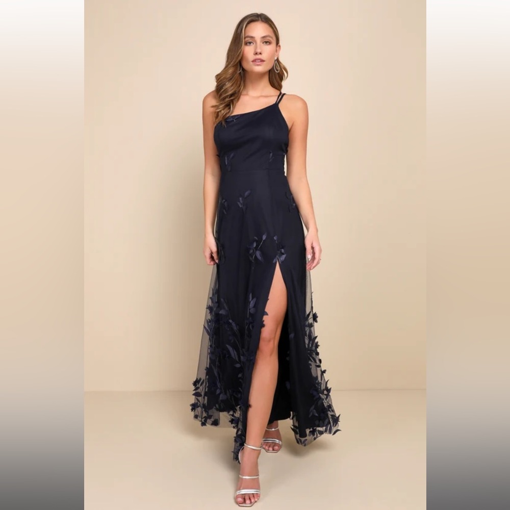 Lulu’s Regal Poise Navy Blue 3D Floral Applique One-Shoulder Maxi Dress